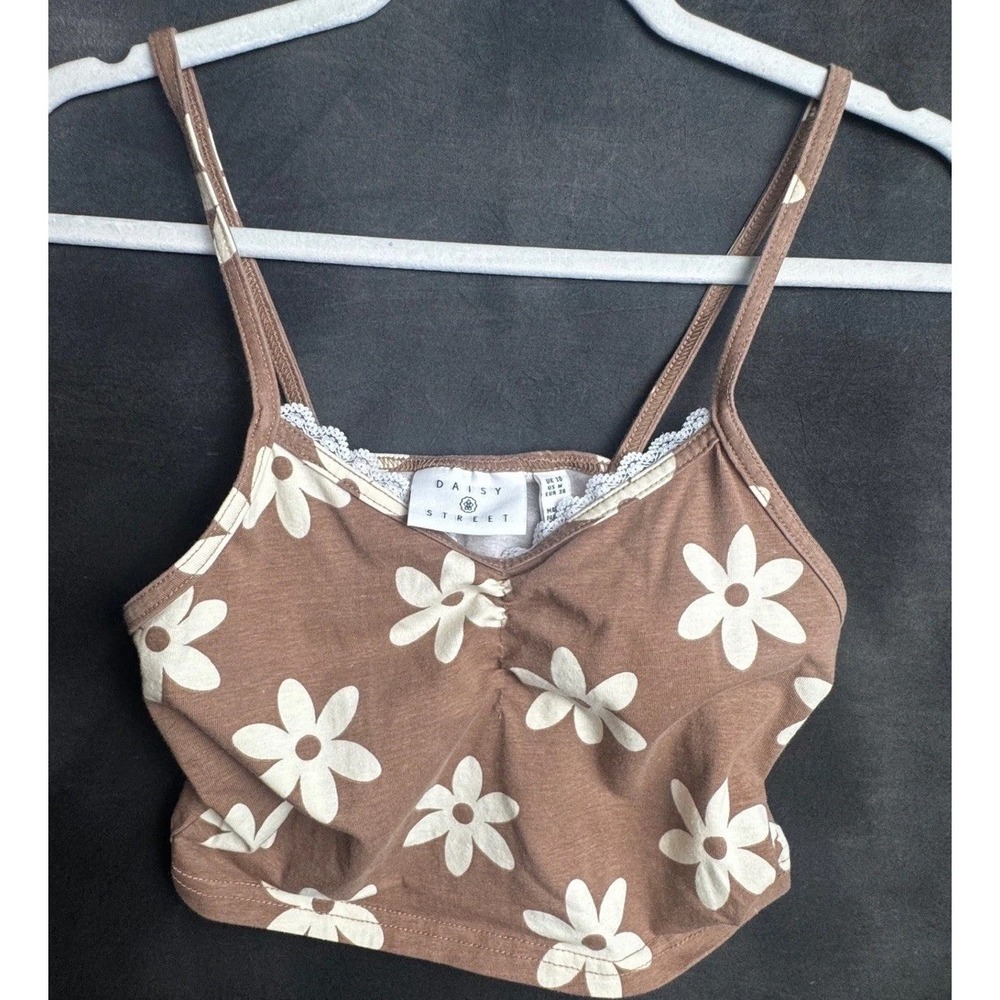 Daisy Street Cami Crop Top Medium Brown Floral Cotton Stretch Y2K Lace Trim M - Picture 2 of 6